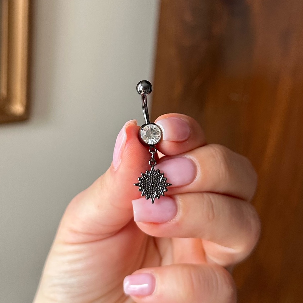 CZ Stainless steel star dangle gunmetal belly button ring